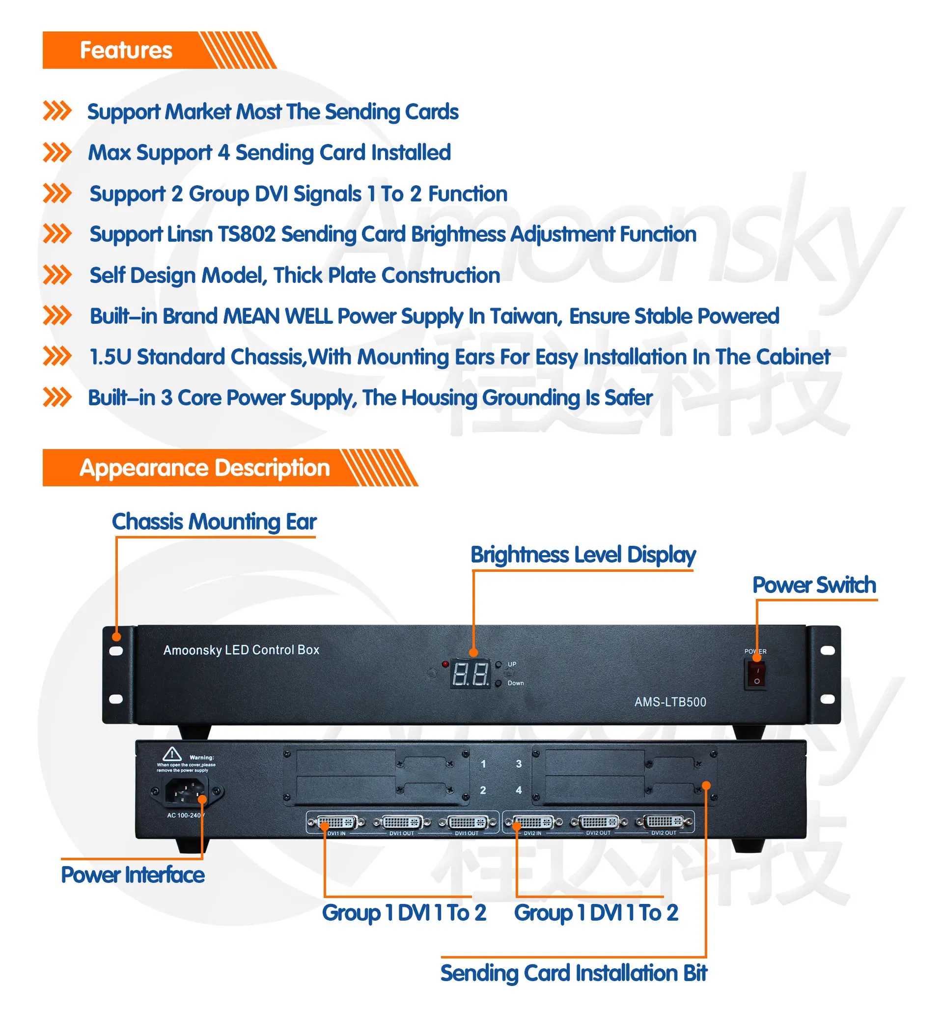 Multi-Card Led Sending Box AMS-LTB500 Support 4 Sending Cards with Adjustable Brightness and Dual DVI Signal Splitter