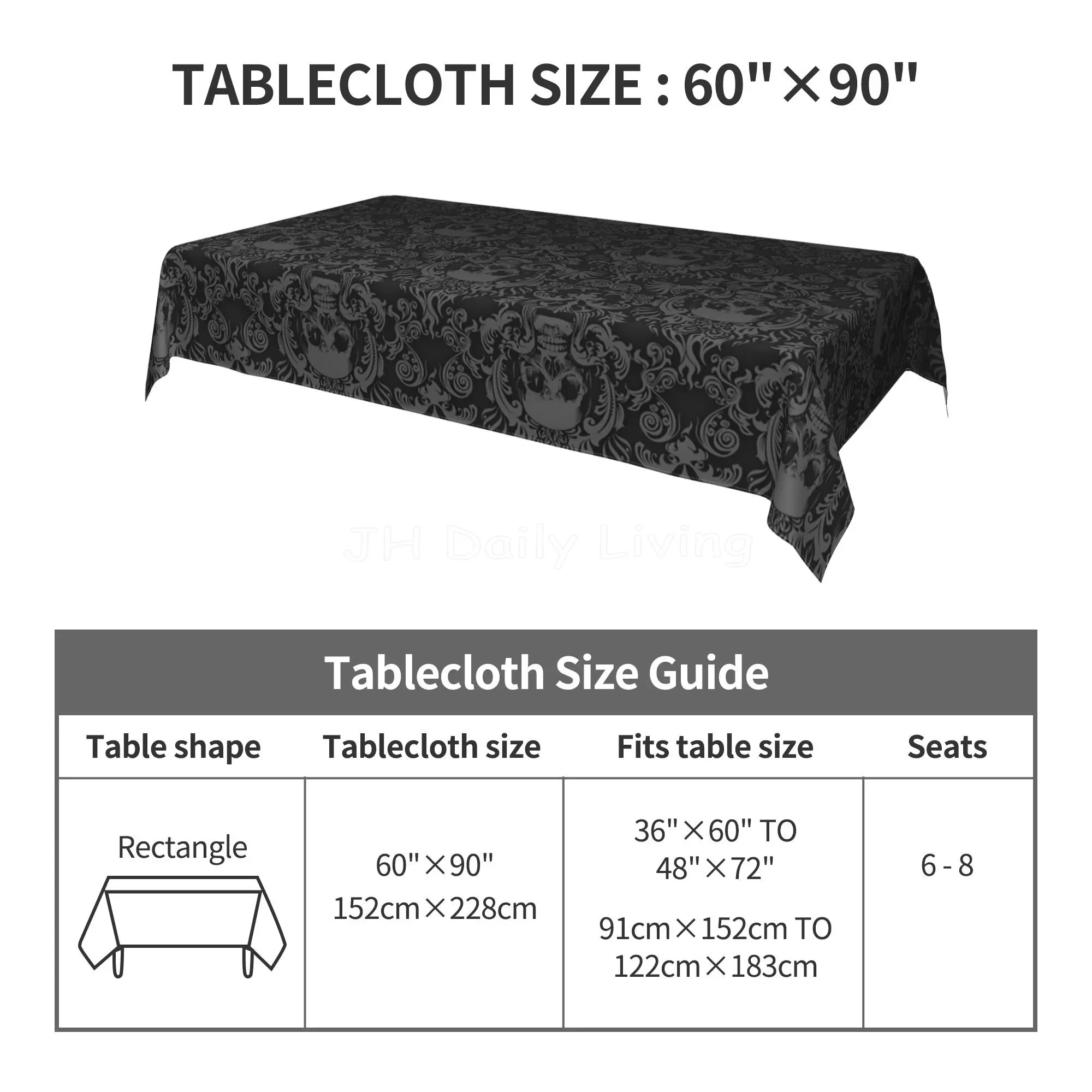 Gothic Skull Flower Black Rectangle Tablecloth Washable Polyester Table Cloth Cover for Kitchen Party Picnic Dining Decor