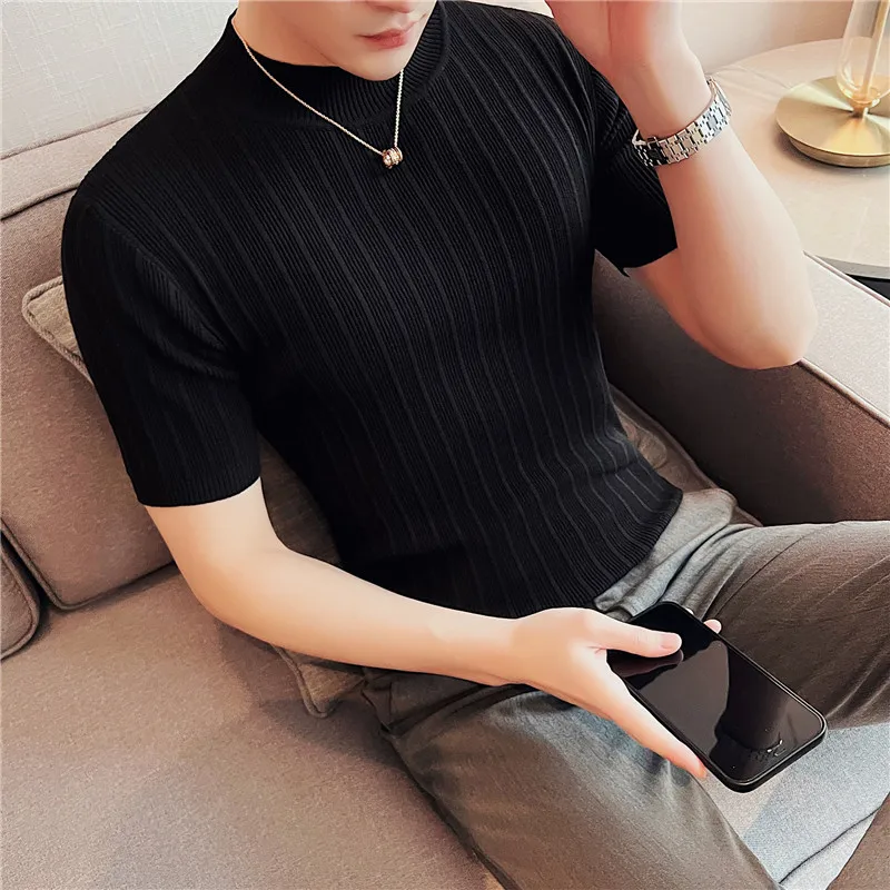 

2024 Summer Men Knit T Shirt Short Sleeve Casual Basic Mock Turtleneck Slim Fit Ribbed Pullover Lightweight Solid Tops A67