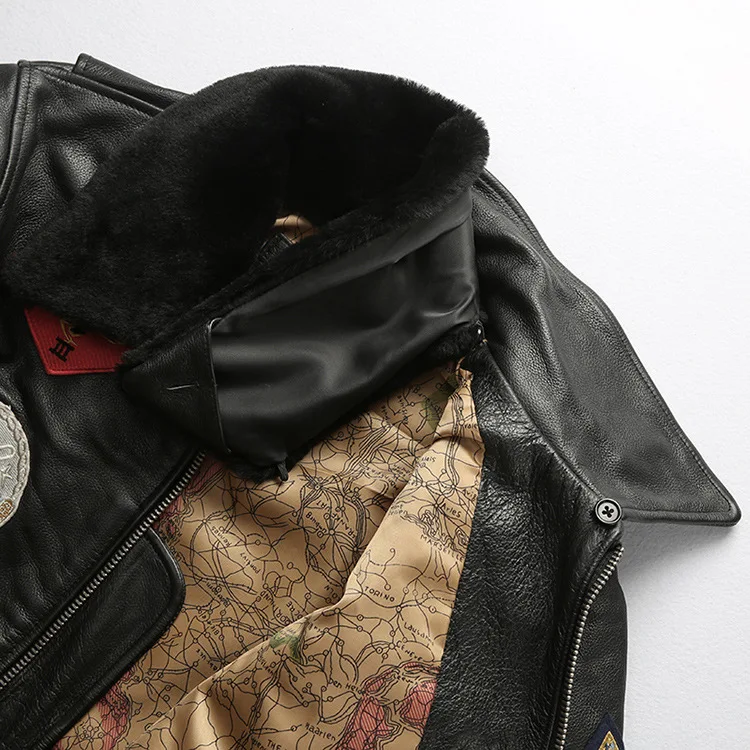 Top Gun 100 % echte Jacken, Rindsleder, Wollkragen, braun, schwarz, Kleidung, Motorrad-Stickerei, Unisex, echter Ledermantel – Detail 7