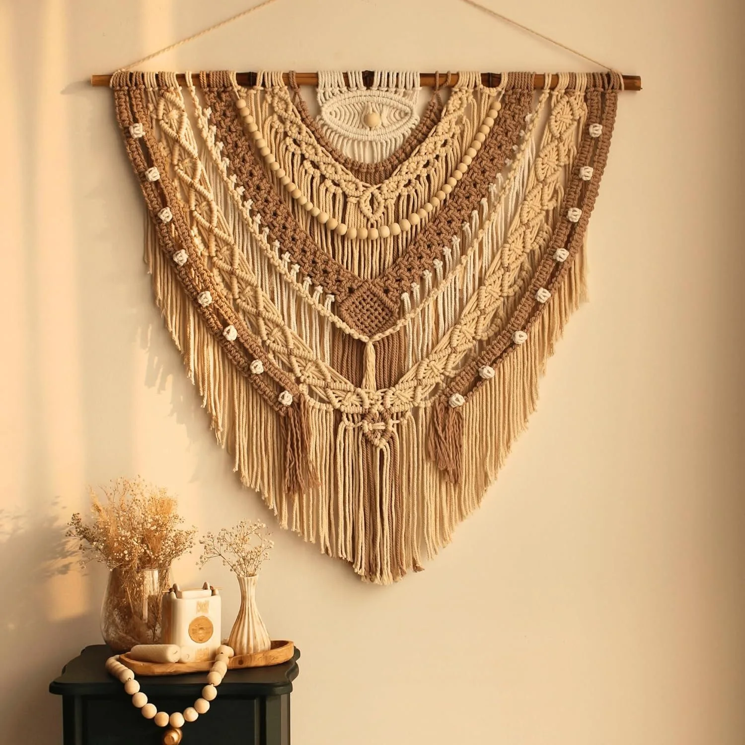 Nordic style Wall Hanging Large Tapestry Boho Hand Woven Wall Decor with Wood Beads Fringe for Home Background Decoration