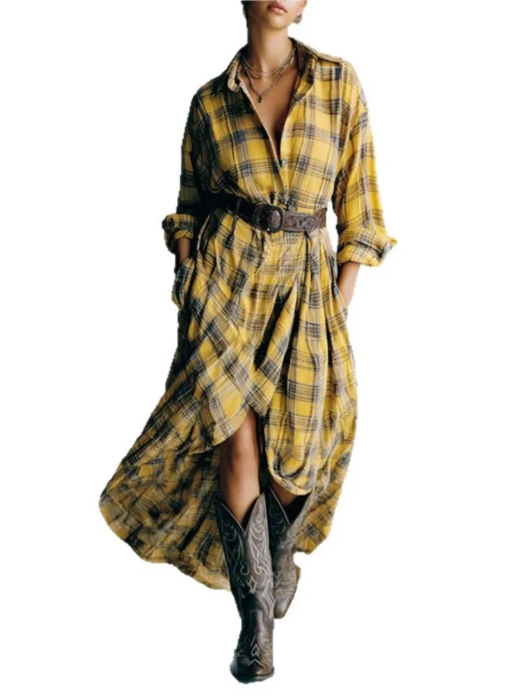 Robe à ourlet irrégulier pour femmes, mode imprimé à carreaux, col rabat ample, manches longues, printemps automne dames, robes de loisirs