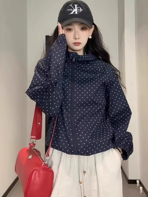 Bla com capuz Proteção solar Jaet Roupa feminina de viagem de verão para ciclismo ao ar livre Polka Dot Long Sve Blusão Sunscr...