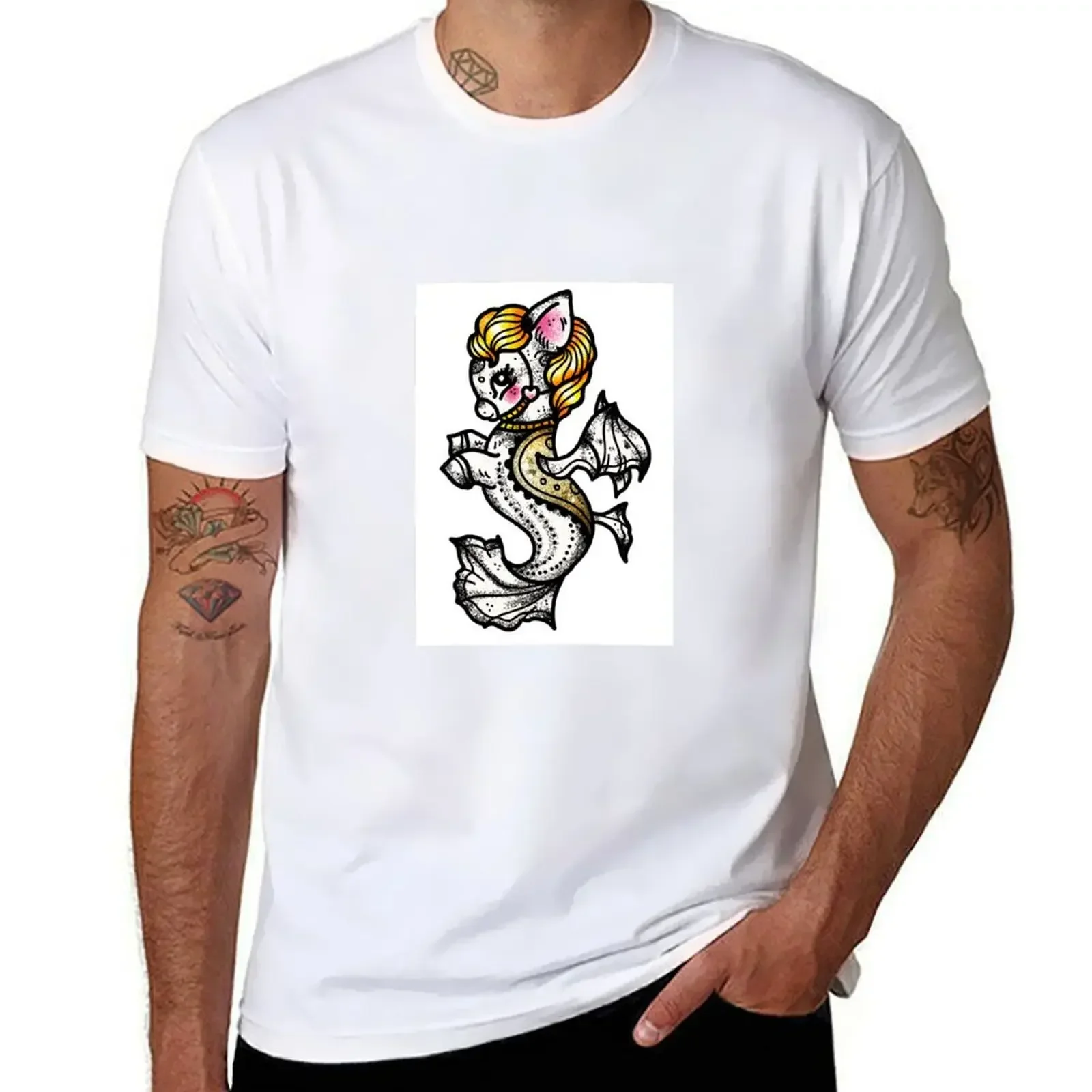 Mermaid Bat Seahorse Traditional Tattoo Flash T-Shirt tees quick drying mens champion t shirts