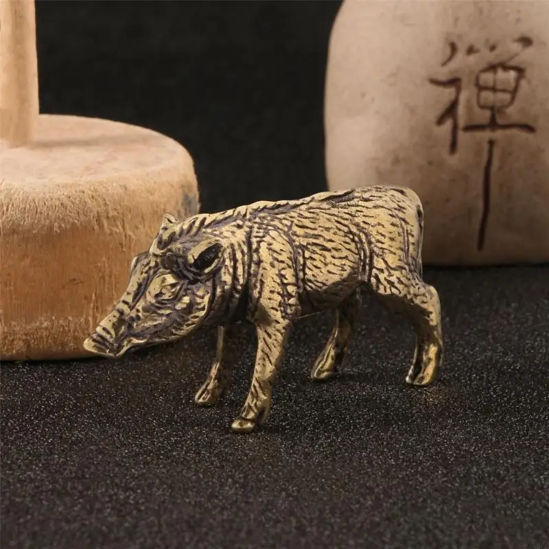 Traditional Cultural Art Brasses Wild Boar Sculpture Fengshuis Miniature Pig Figurine Fengshuis Office Decors Piece X3UC