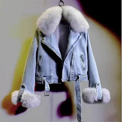 2023 Winter New Fox Fur Collar Detachable Plush Liner Denim Parkas for Women Short Denim Jacket Cotton Coat Female Outwear Y4556