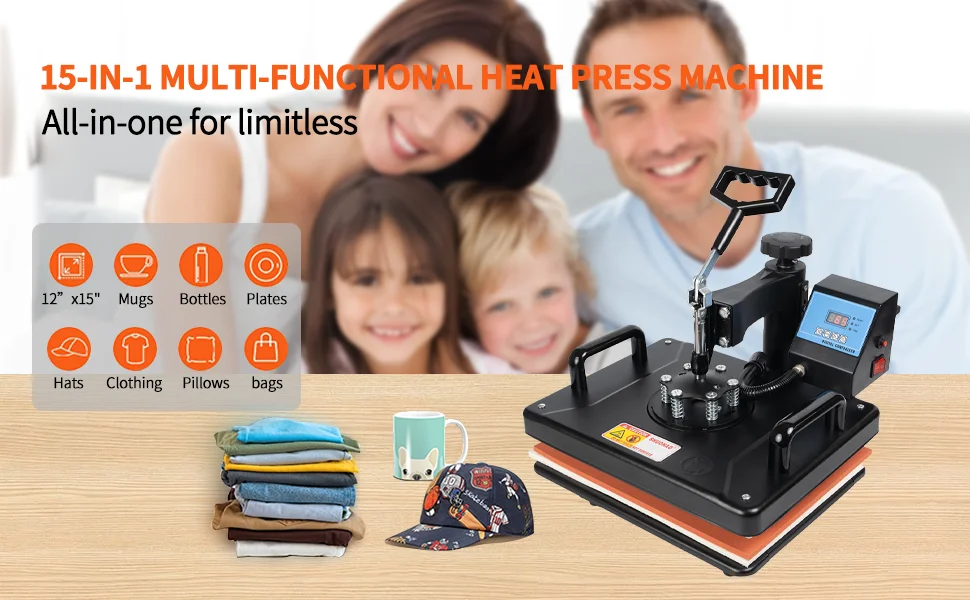 15 In 1 Combo Sublimation Heat Press Machine T Shirt Heat Transfer Printer ℃/℉ For Cap/Mug/Bottle/T-shirts /Phone Case/Pen/Shoe