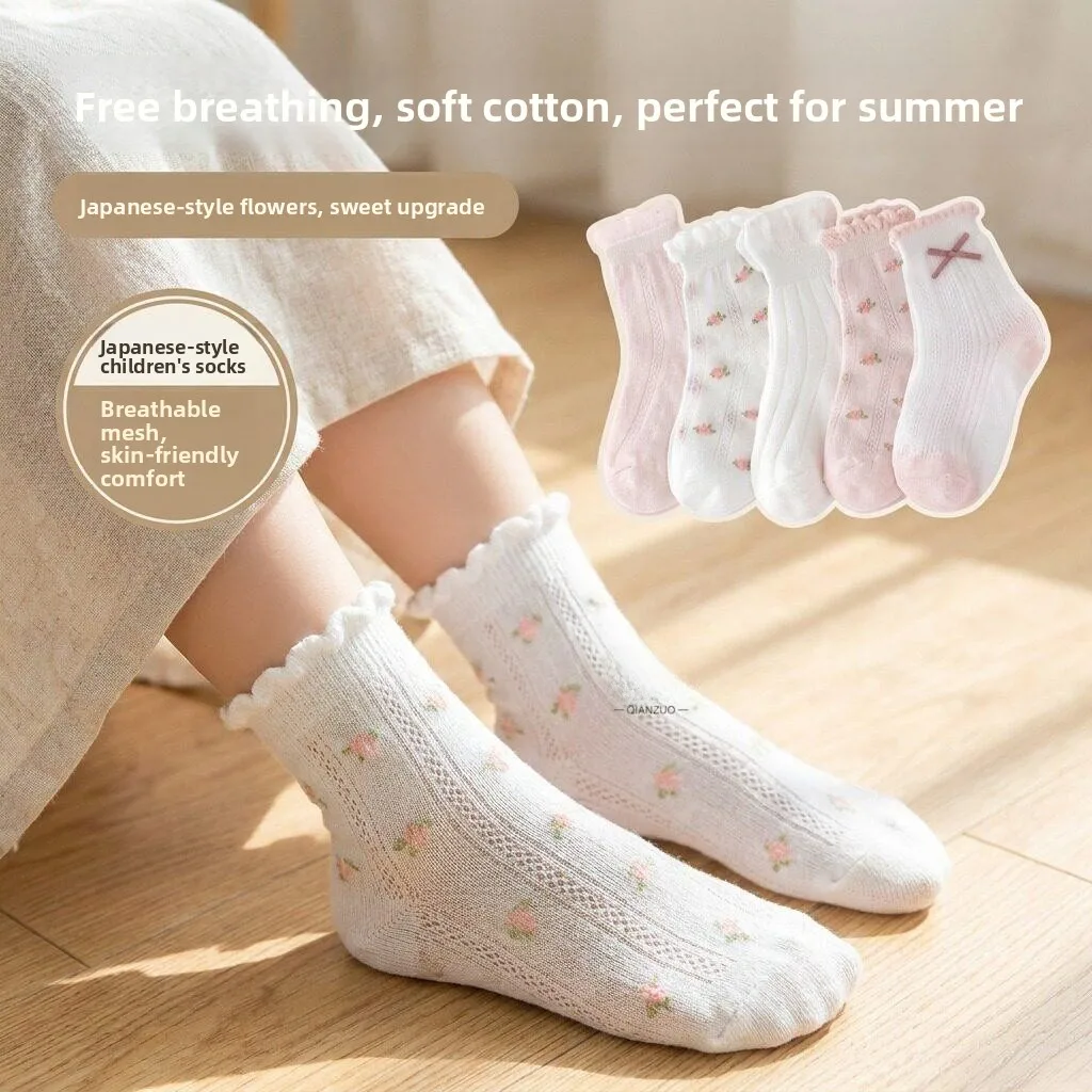 Princess Style Breathable Thin Mesh Socks for Girls Summer Lightweight Comfortable Cotton  Knot Design Children's Socks