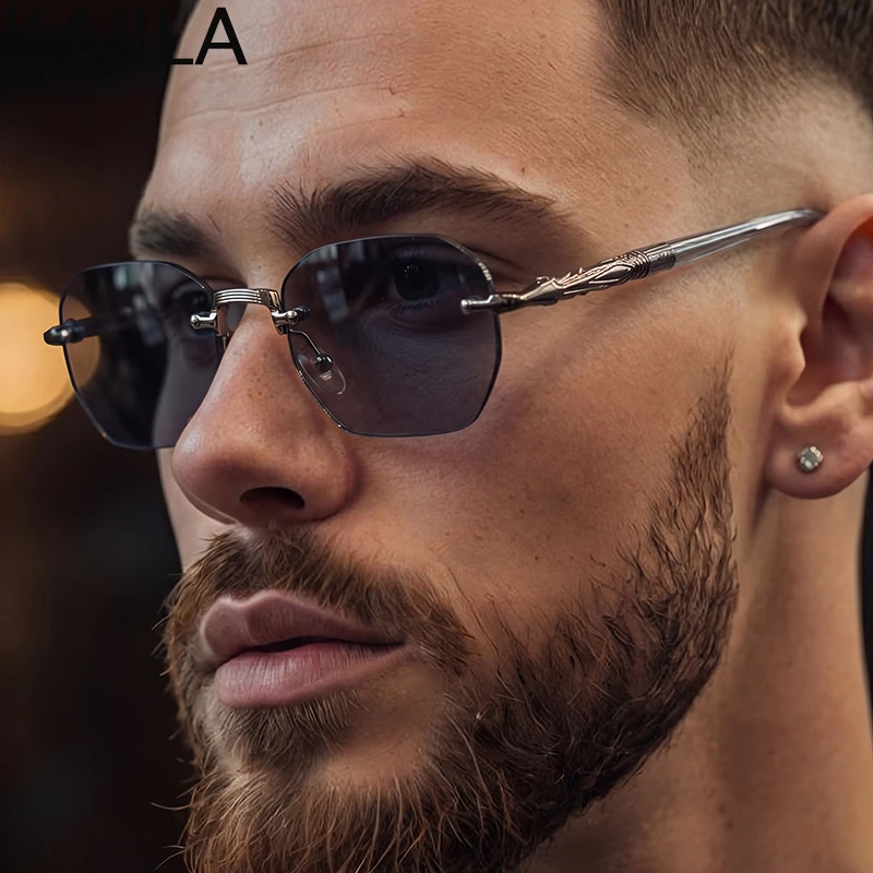 

Vintage Square Rimless Punk Sunglasses Men 2026 Luxury Designer Retro Steampunk Metal Polygon Sun Glasses For Male Driving Shade
