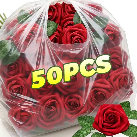 Roses Artificial Flowers Dark Red Fake Roses Real Looking Foam Rose with Stems for DIY Valentine's Day Party Home Decoration