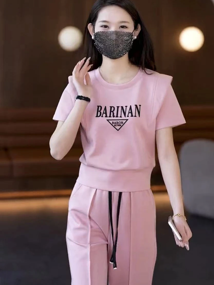 

Летний повседневный женский комплект из двух предметов: топ с коротким рукавом и широкие брюки с завышенной талией, круглый вырез, популярный, больших размеров, в уличном стиле