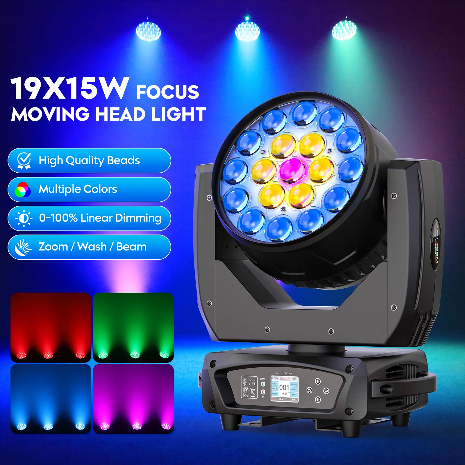 19*15W RGBW LED Moving Head Light Beam Focusing Light DMX Control Stage Effect Lighting Projector for DJ Disco Bar Theater