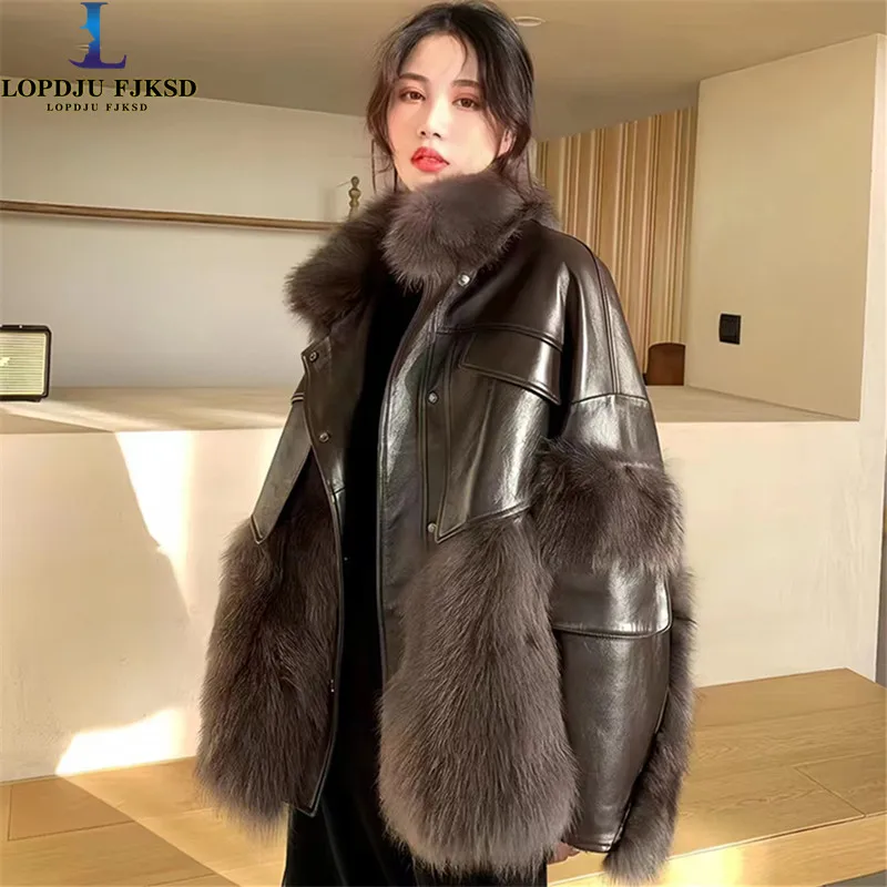 Women\'s Faux Fox Fur Coat, Spliced Sheepskin Jacket, Vintage Overcoat, Loose Thicken Warm Clothes, High Quality, Korean, Winter