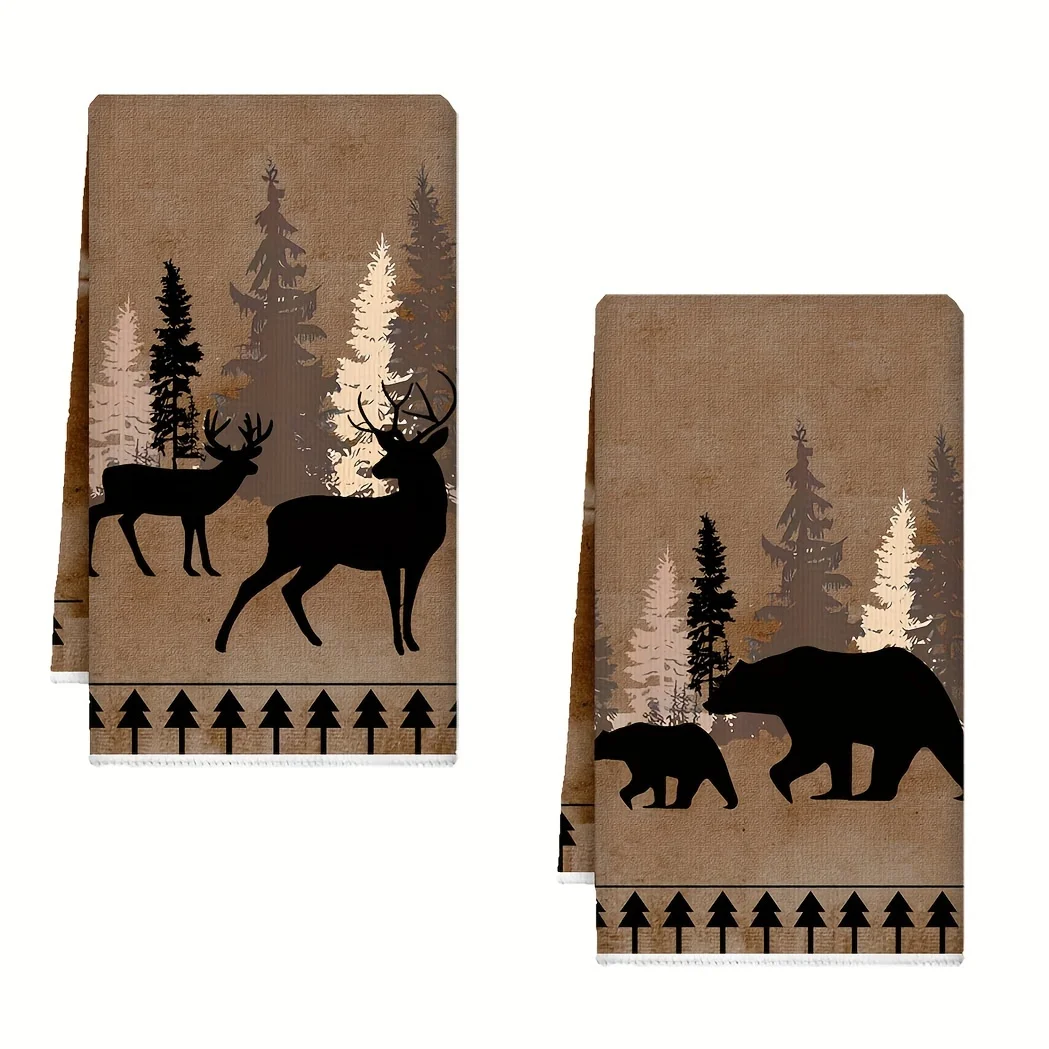 Pack of 2, kitchen towels, vintage bear and deer print