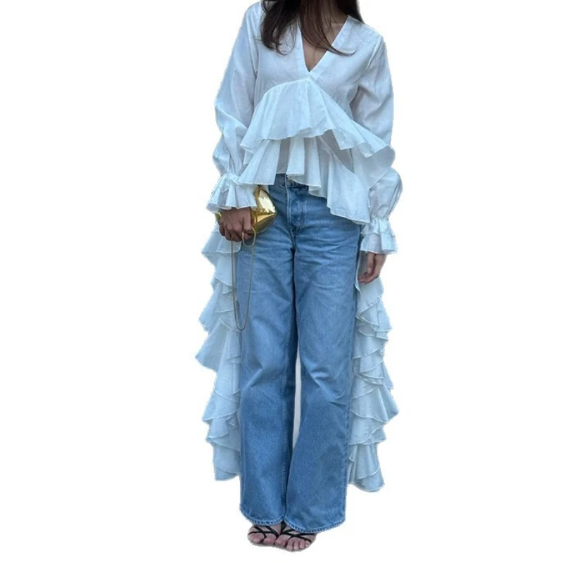 Chemise asymétrique à volants et col en v pour femme, Design sens du tempérament, mode pour les déplacements, nouvelle collection automne 2025