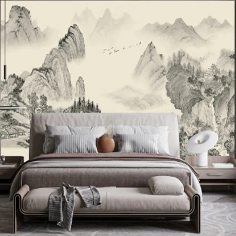 

Customized 3D Landscape Murals Wallpaper - New Chinese Style Hand-painted Mountain Wall Design Living Room Bedroom Background