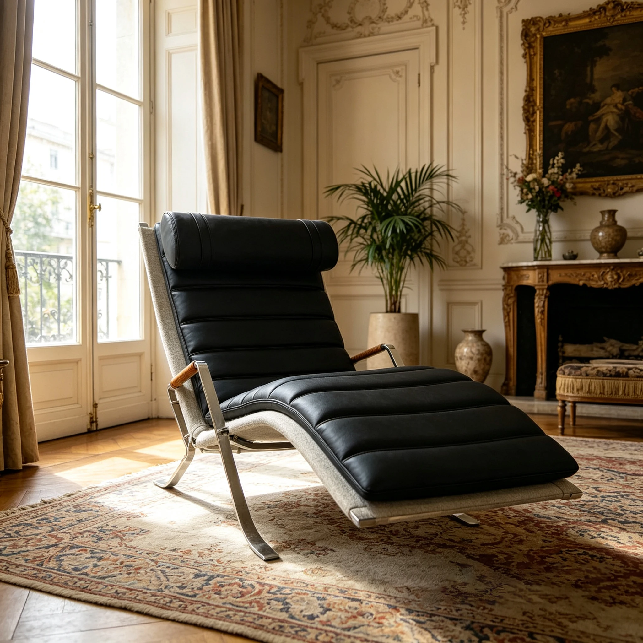A*-Classic Chaise Lounge Chair with Stainless Steel Frame, Black Leather Padding