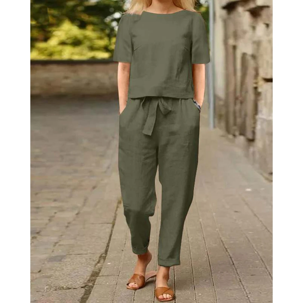 Women Cotton Linen Short Sleeve Round Neck Top & Pencil Pants Set Causal Solid Color Female Two Pieces Suit Set Streetwear