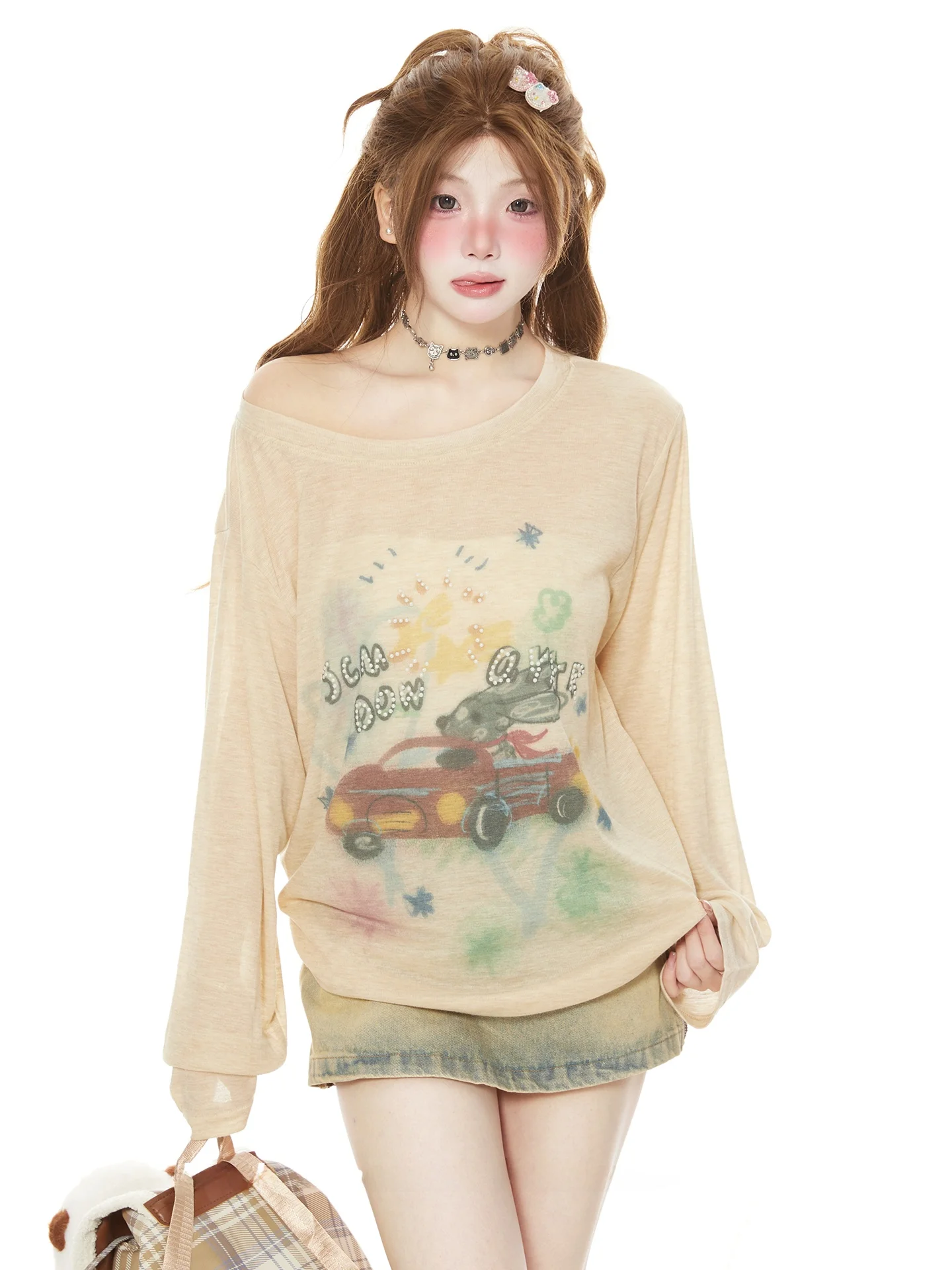 Street Graffiti Printed Long Sleeve Women's Top Thin Sun Protection Cover Spring Autumn Fashionable Shoulder Baring T-shirt