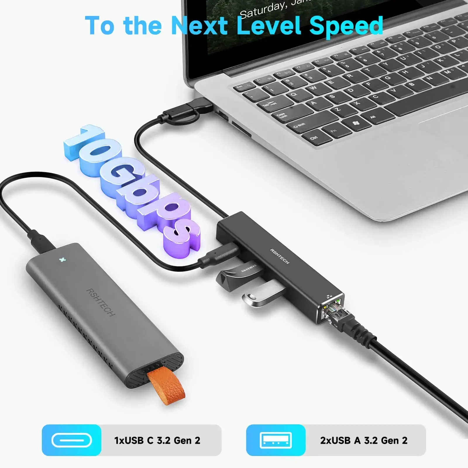 RSHTECH USB C To Ethernet Adapter Aluminum 4-Port 10Gbps Hub with 1000Mbps RJ45 Network Port USB Splitter for MacBook Pro Laptop