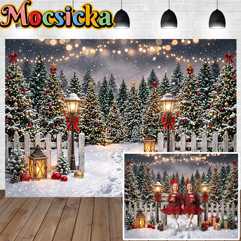 Mocsicka Christmas Snow Forest Backdrop Photography New Year Night Outdoor Fence Path Lantern Gift Background Studio Photoshoot