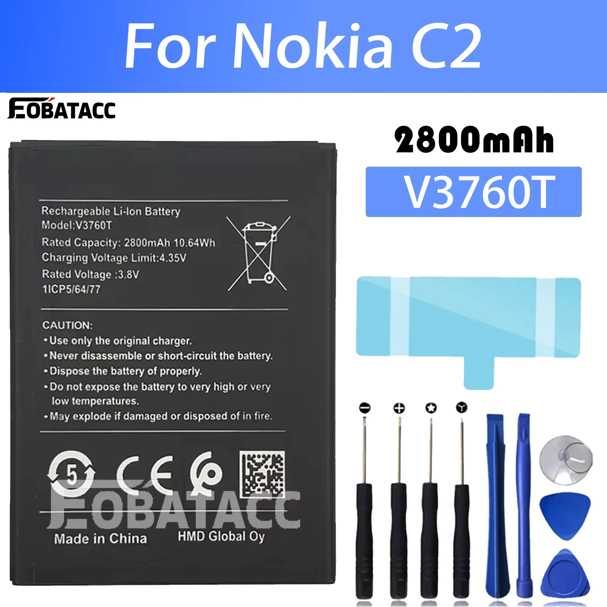 1x 2800mAh /10.64Wh V3760T Replacement Battery For Nokia C2 Mobile Phone Batteries+Free Tools