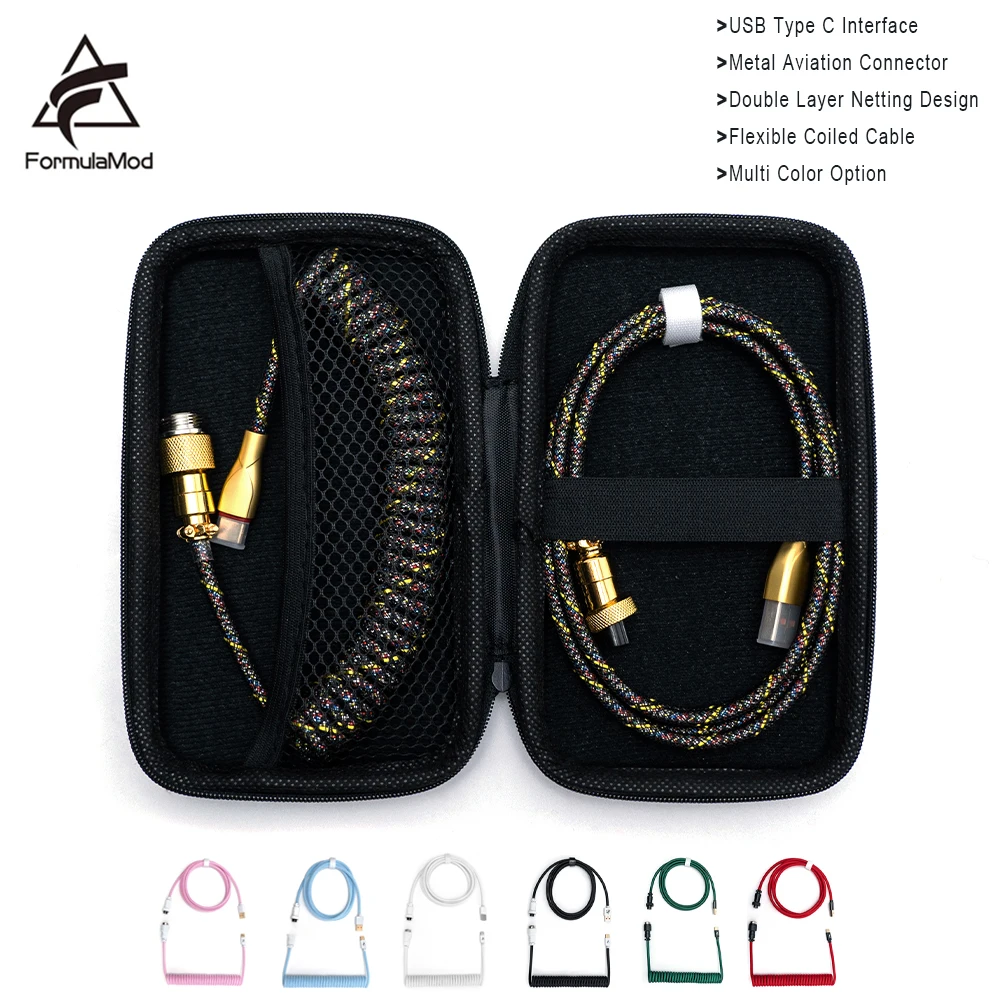 FormulaMod Type C Coiled Aviator Keyboard Cable for Mechanical Keyboard,  Pro Double Sleeved Cable with Organizer Zipper Box