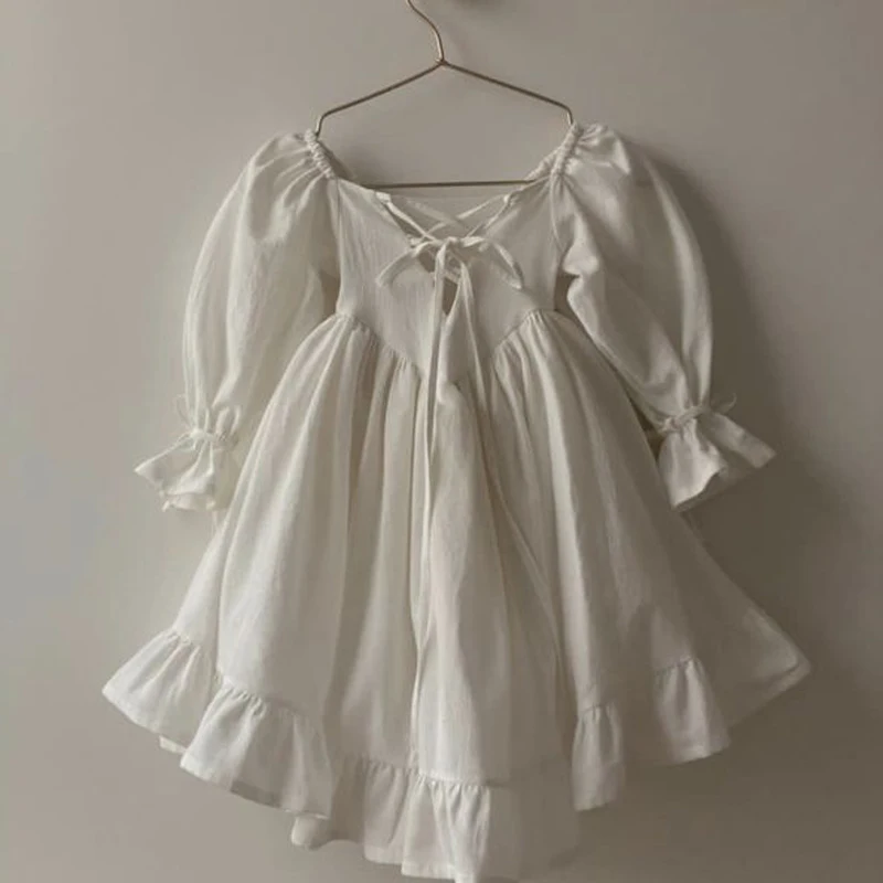 Spring and Autumn Girls Palace Outgoing Princess Dress European and American Cotton and Hemp Lolita Dress Classic White Dress