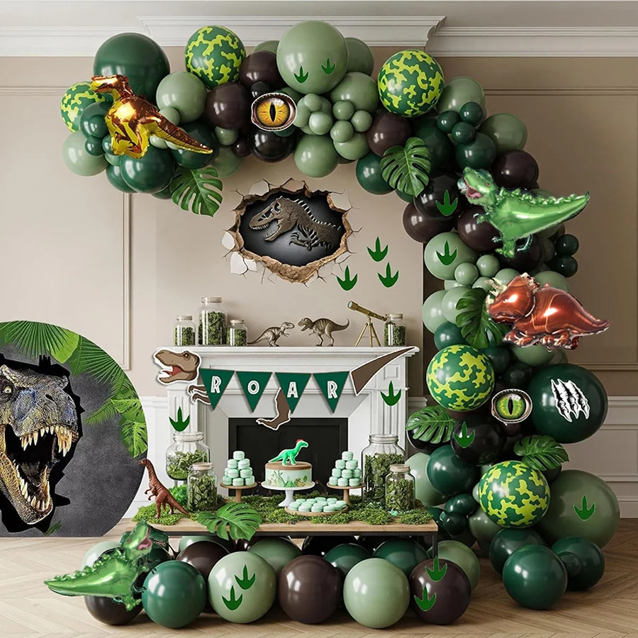 Kit d'arche de ballons camouflage marron vert sauge motif dinosaure mignon pour décorations et fournitures de fête d'anniversaire sur le thème de la jungle et du safari ROAR