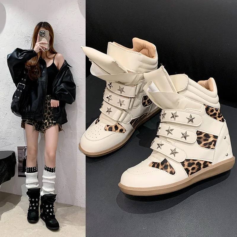 Women's Shoes Leopard Print Patchwork Star Studded Hidden Wedge High Top Boots for Women Three Velcro Strap Casual Sneakers New