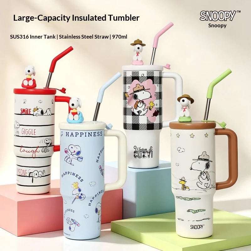 2026 Neuer Snoopy Isolierbecher 970ml Große Kapazität Edelstahl-Wasserbecher mit Strohhalm und Griff Niedliches Snoopy Anime-Zubehör Geschenk