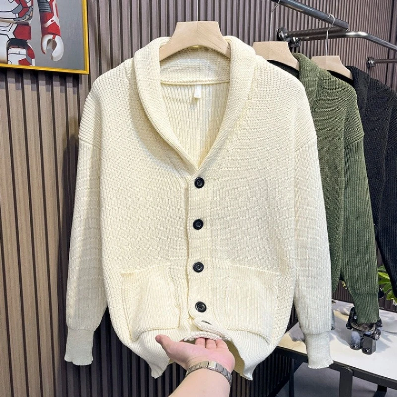 Men's Winter Cardigan Sweater Slim Fit Shawl Collar Outwear Sweatercoat Fashion Male Knit Button Up Wool Cardigan With Pockets
