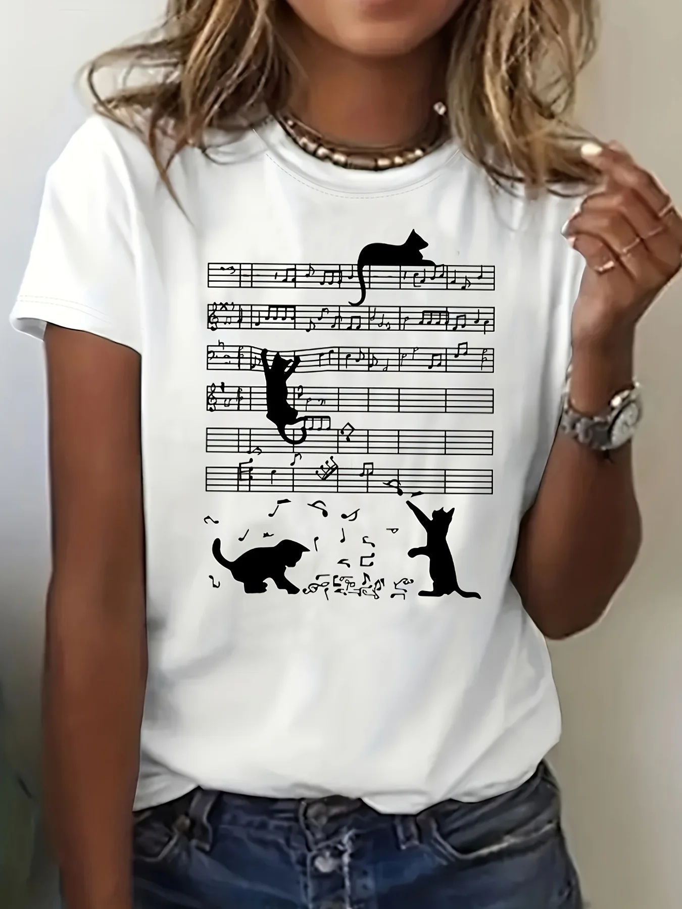 Cat & Sheet Music Print T-Shirt, Casual Short Sleeve Top For Spring & Summer, Women's Clothing