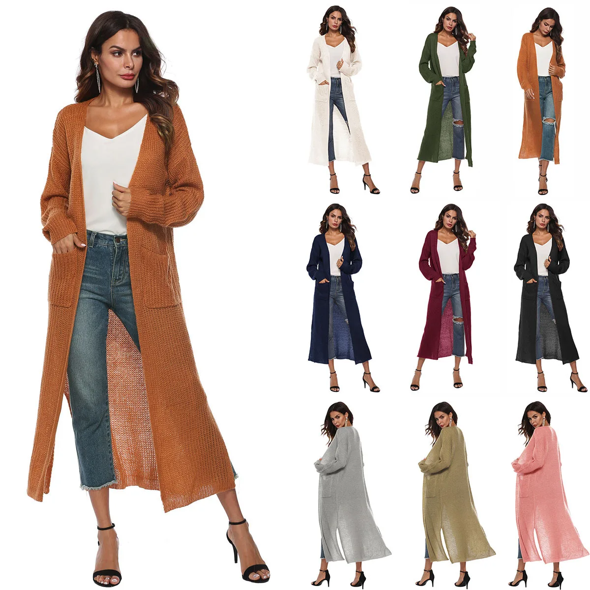 Wool Cardigan from Europe and America Autumn Women's Coat with Large Slit Pockets Thin Coat Long Sleeved A-line Sweater