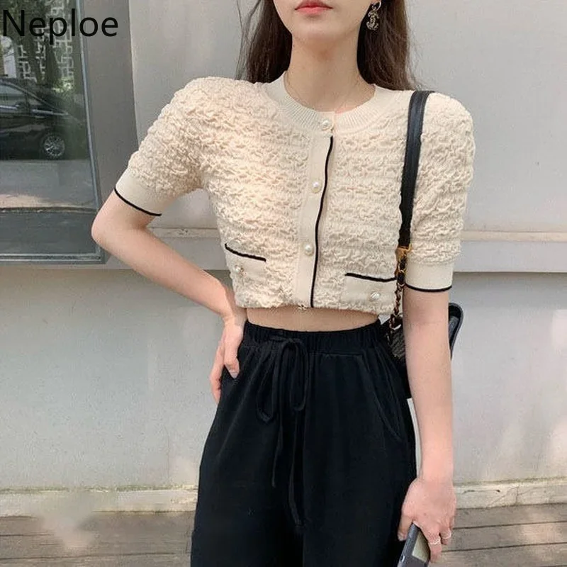 Neploe Elegant Cardigans Women Blouses Fashion O Neck Short Sleeve Knitted Shirts 2023 Summer Blusas Korean Ladies Crop Tops