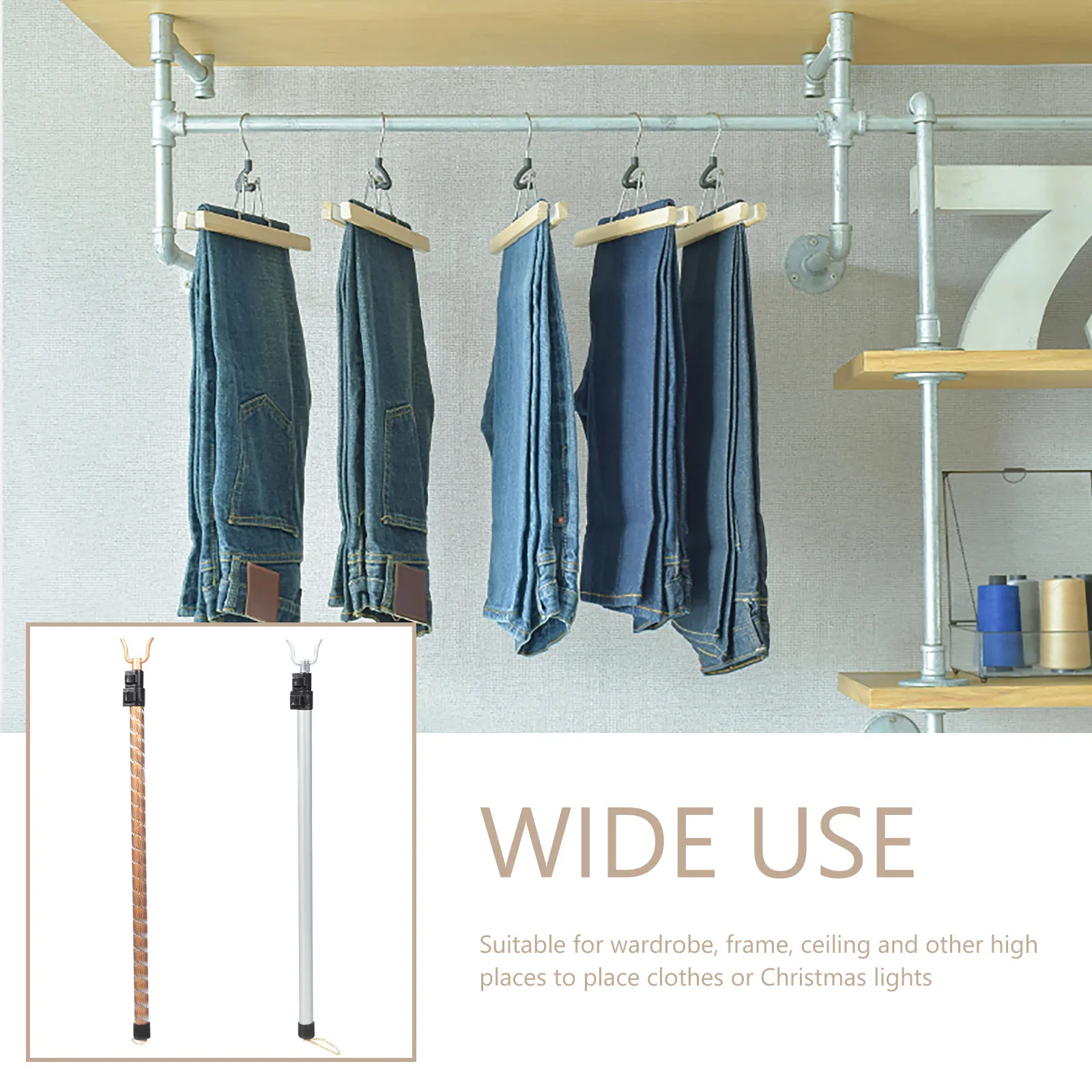 2Pcs Aluminum Alloy Clothes Pole Retractable Telescopic Clothes Reach Rod Laundry Drying Tool Lightweight Strong Bearing