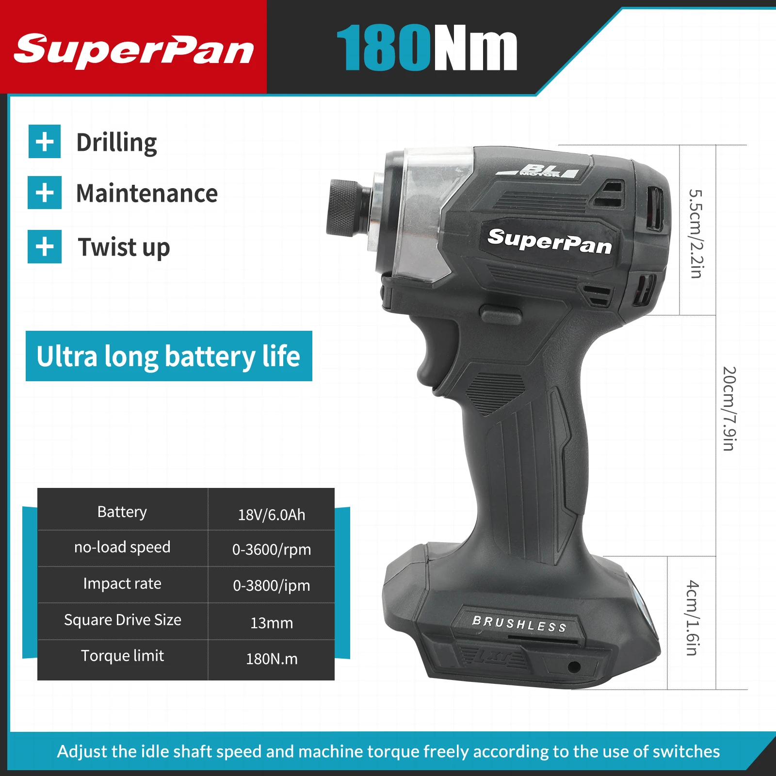 

T-Mode Enabled Black SuperPan SP173 Brushless Impact Driver - 180Nm 3600rpm Heavy-Duty Tool for Wood & Bolt Applications