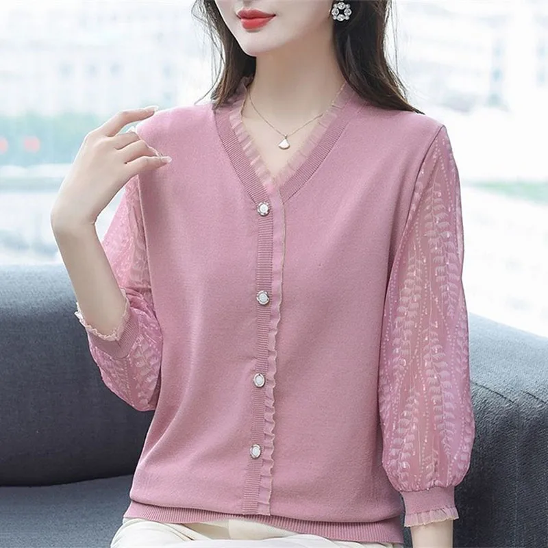 2023 New Spring Autumn Knitted Tops Middle-Aged Elderly Women\'s Blouse T-Shirt Female Chiffon Sleeve Elegant Bottoming Shirt