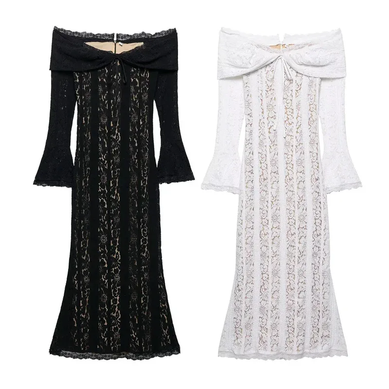 

Elegant Ruffle Lace Hollow Maxi Dress Women's Fashion round Neck Trumpet Sleeve Bodycon Summer Party Robe for Ladies