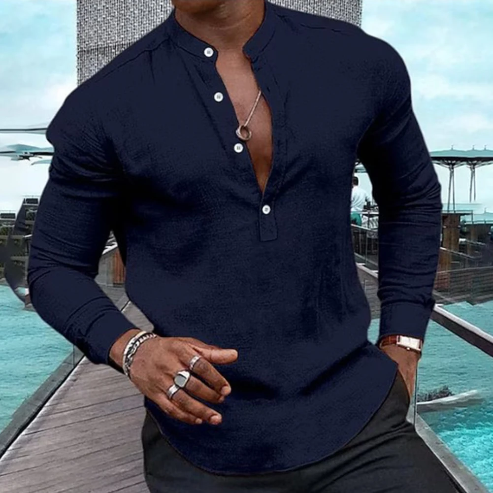 Camisa casual masculina de botão, blusa de manga comprida, tops com gola V Henley, estilo clássico para todas as ocasiões