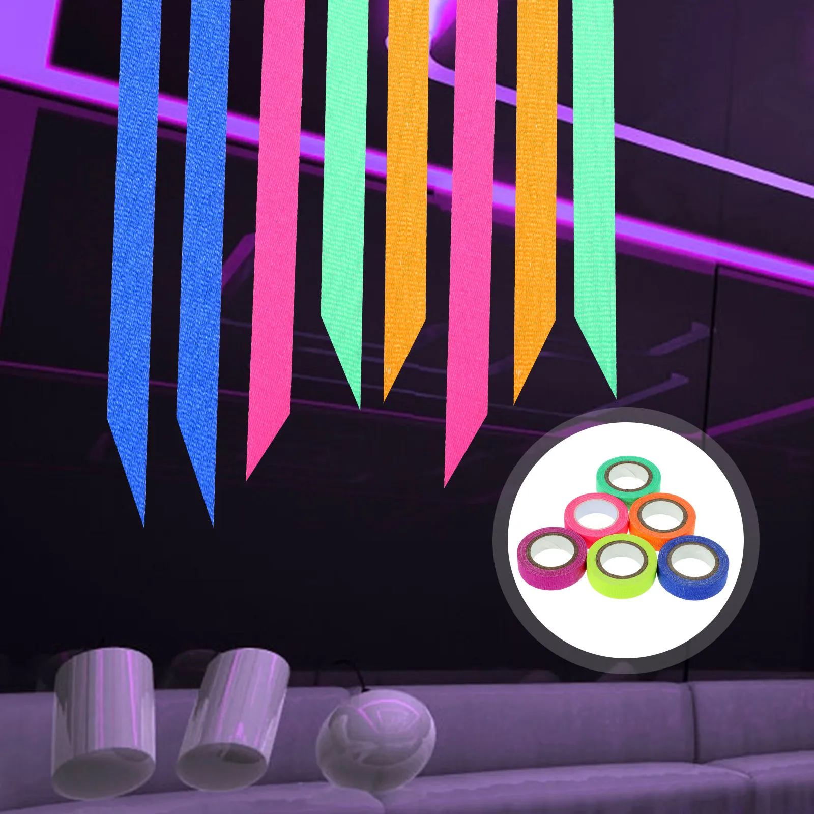 

6 Rolls Night Glow Tape Fluorescent Neon Cloth Tape Peel Off Easily Uv Blacklight for Party Black Light Party Supplies