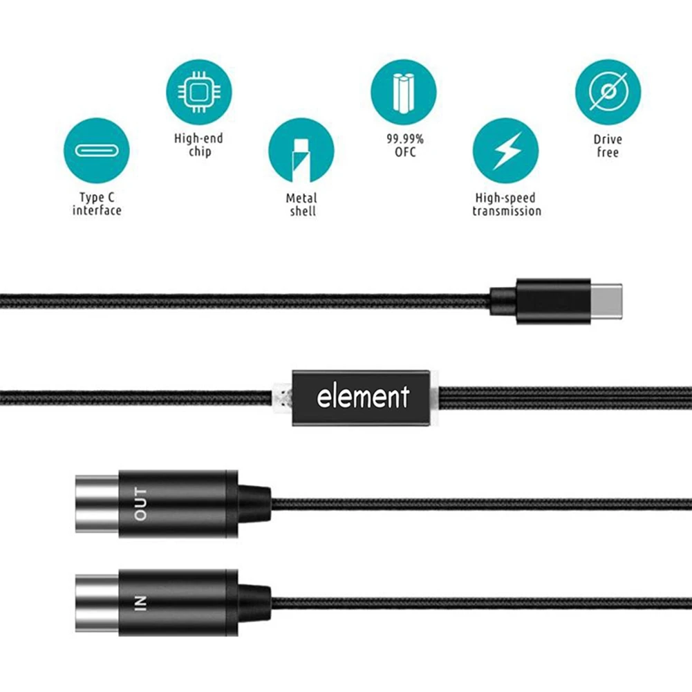 MIDI to USB C Type C Cable USB MIDI Converter with Indicator Light for Electronic Organ Computer