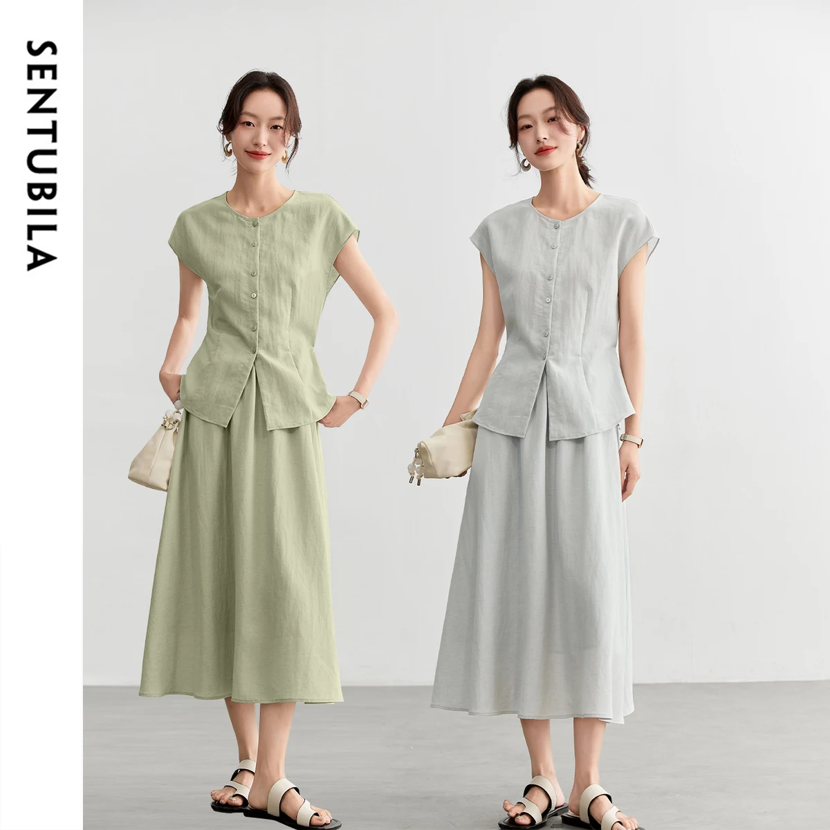 

SENTUBILA Women's 2 Piece Linen Matching Sets 2025 Summer Casual Office Short Sleeved Tops Elastic Waist A-Line Skirts 152ZA2157