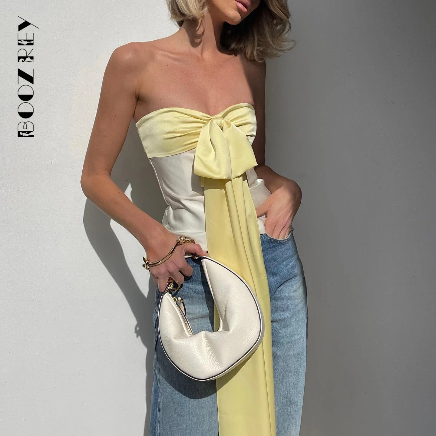 BoozRey Satin Patchwork Bow Off Shoulder Sleeveless Tank Top  Women 2023 New Fashion Sexy Slim Tops Party Nightclub Outfits