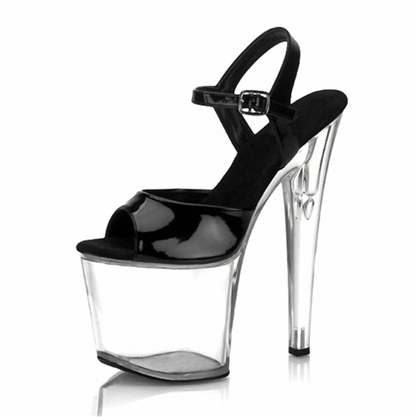 

​20CM Platform Peep Toe Sandals Black, Patent Leather Heels with Clear Chunky Sole, Extreme Height Party Shoes​