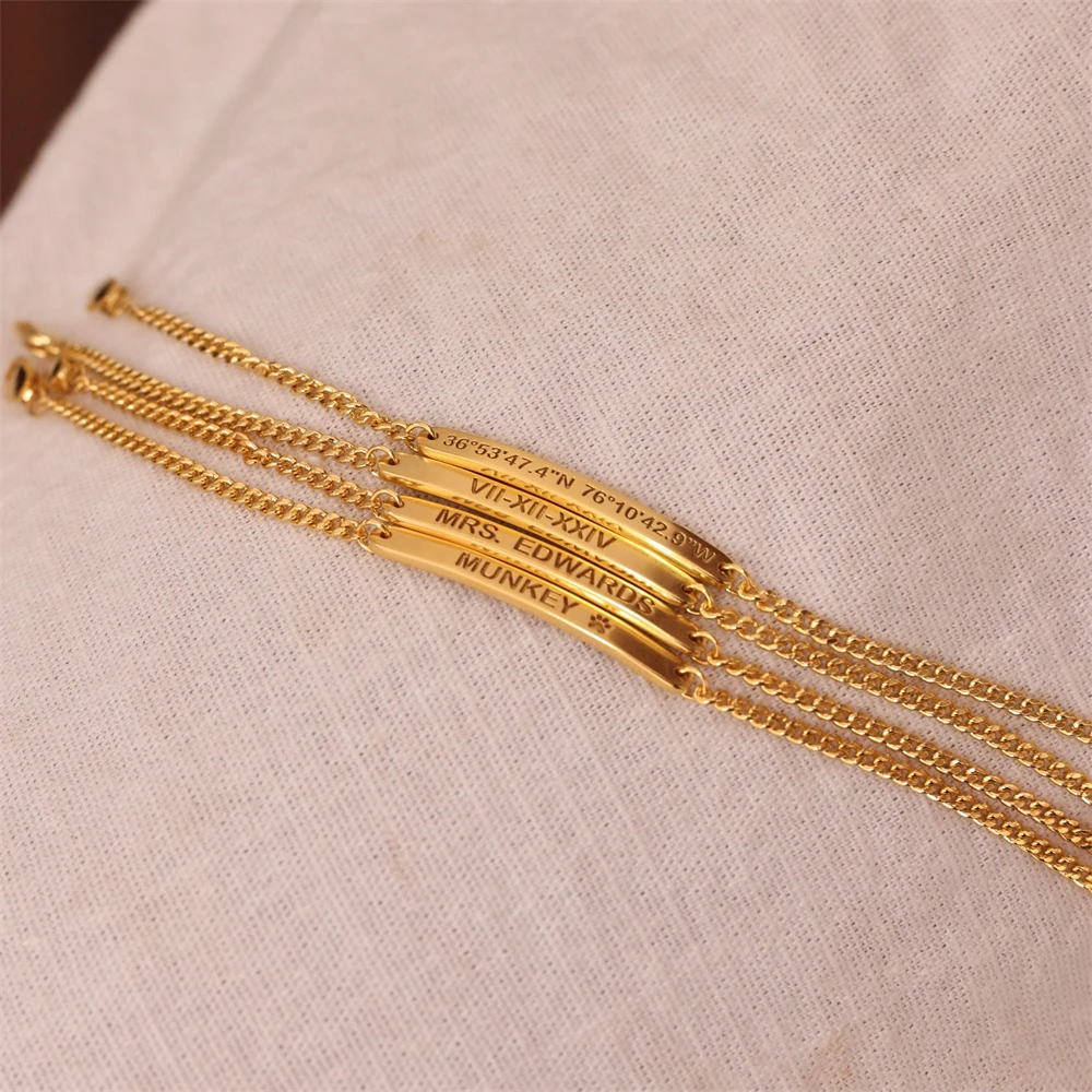 

Engraved Name Bar Bracelet Personalized Jewelry Stainless Steel Curb Chain Bracelet for Women Men Custom Name Bracciale Uomo