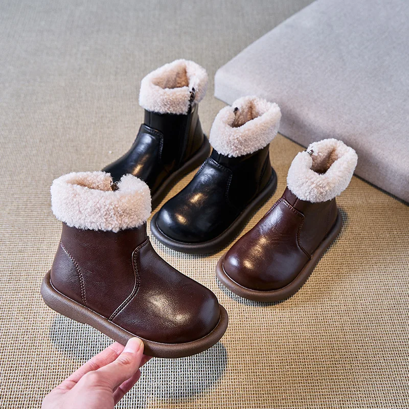 

2025 Winter New Children Casual Short Boots for Girls Fashion Korean Style Soft Sole Non-slip Versatile Princess Leather Shoes