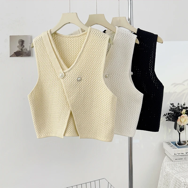 

Women Solid Knitting Vest V-neck Sleeveless Loose Pullover Single Button Tops Shirt Female Autumn New Thermal Split Cardigan