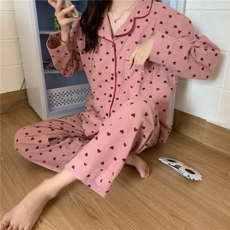 Women's Two-Piece Set Of Fashionable Heart-Shaped Printed Long Sleeved Pants Home Wear Comfortable Spring Autumn Home Wear