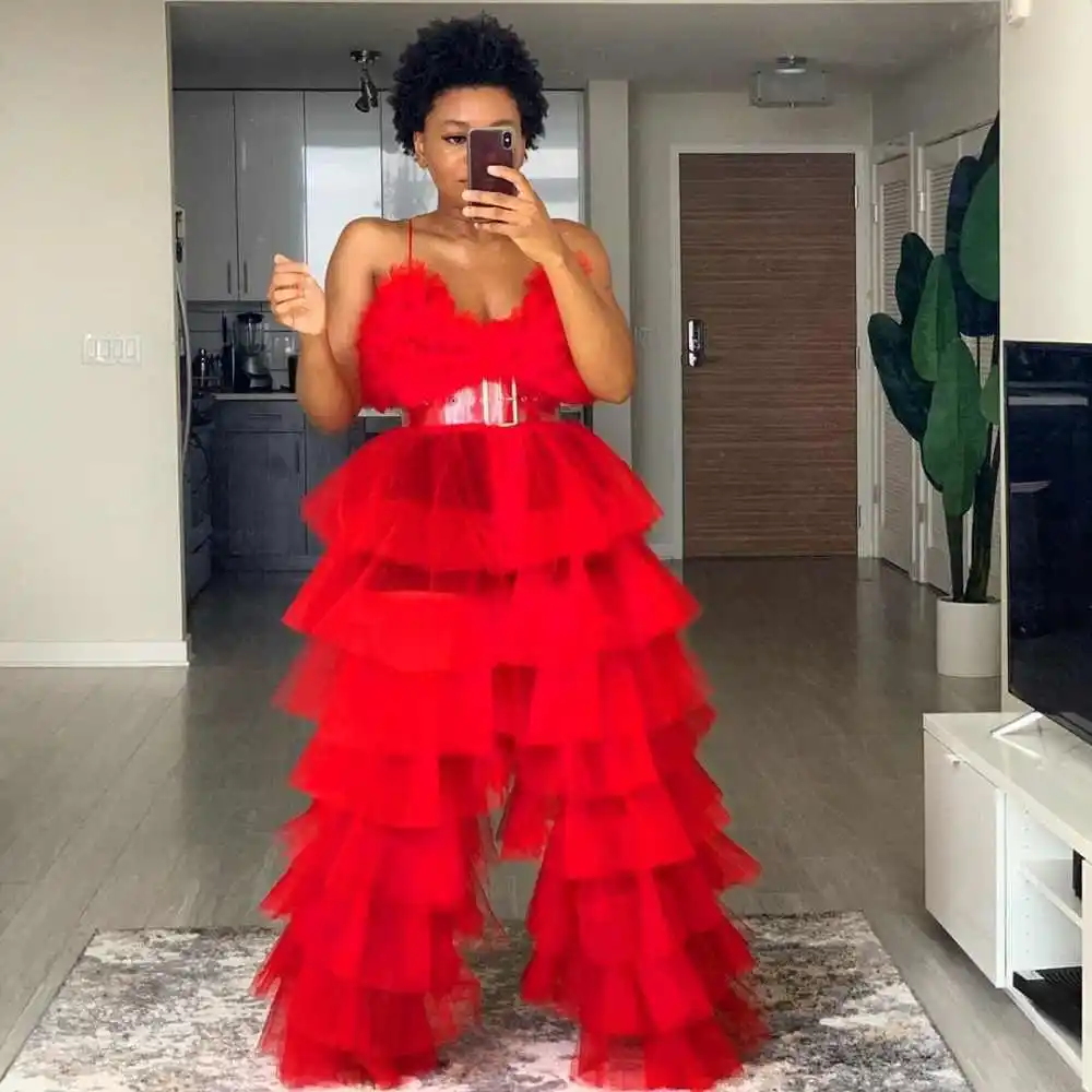 

Custom Made Voluminous Women Pants Lush Extra Puffy Red Fashion Ruffled Pants Tulle Floor Length